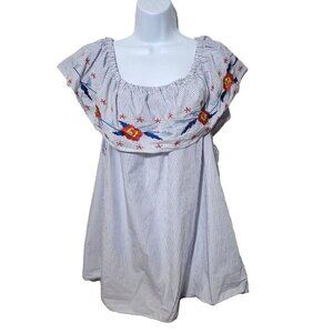 Falls Creek Peasant Blouse 2X Pinstripe Floral Embroider Breathable Ruched Boho